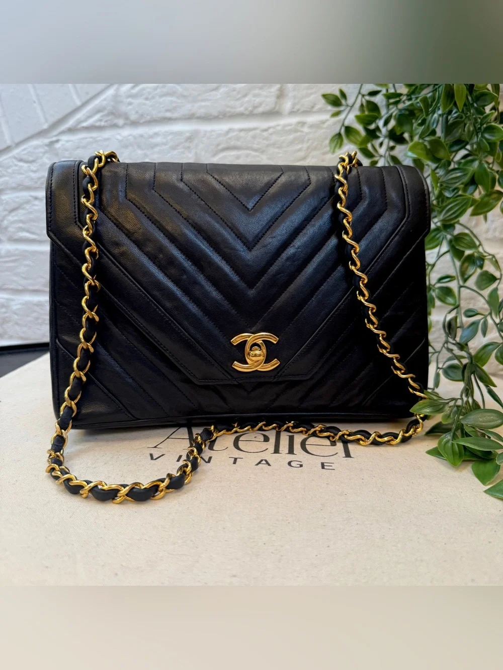 CHANEL Rare Early‑80s Chevron Lambskin Turnlock Envelope Bag 24K Gold‑Plated